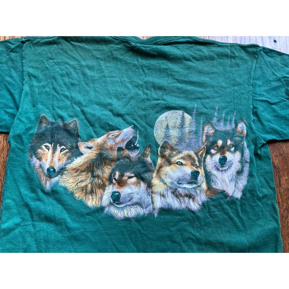 Vintage Wolf T Shirt Mens Large Green 90s Double Sided Native American Signal - Picture 9 of 10